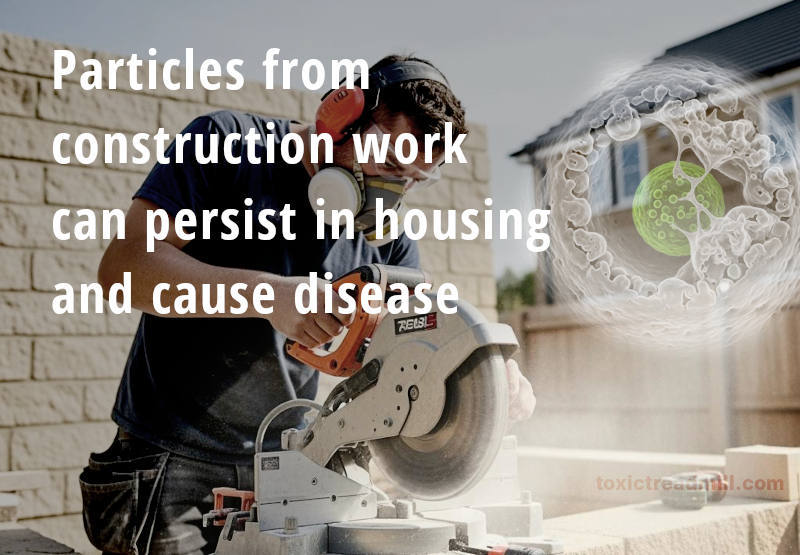 A man using a power tool to cut through stone block sending dust into the air. Words say-particles from construction work can persist in housing and cause disease