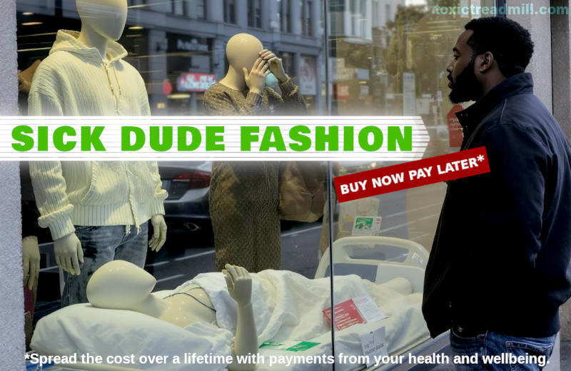 A man looks into a shop window where there are mannequins with new clothes, one is lying sick in bed