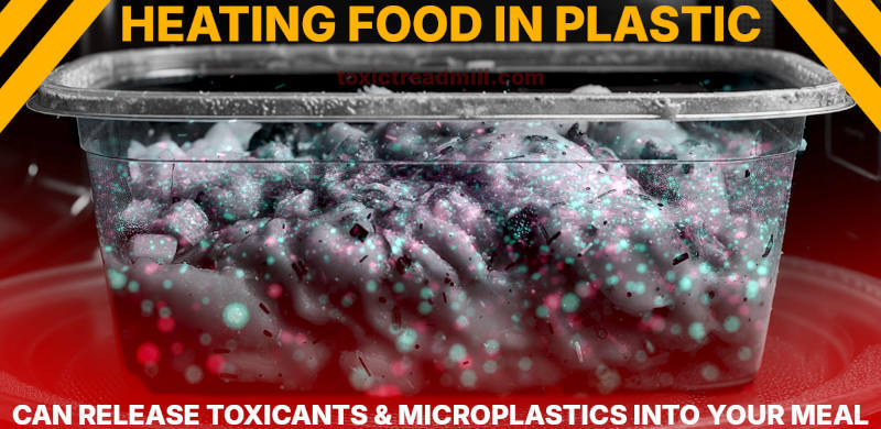 A plastic container with food being microwaved and small particles bouncing around. Words read-Heating food in plastic can release toxicants and microplastics into your meal
