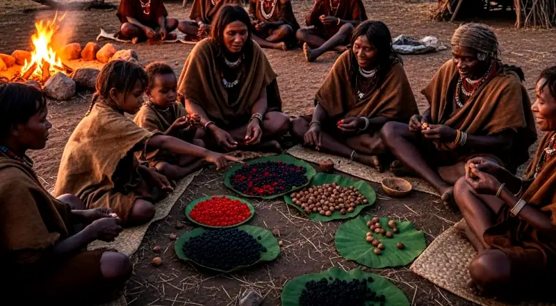 A group of hunter-gatherers preparing and sharing the spoils of the day's harvest