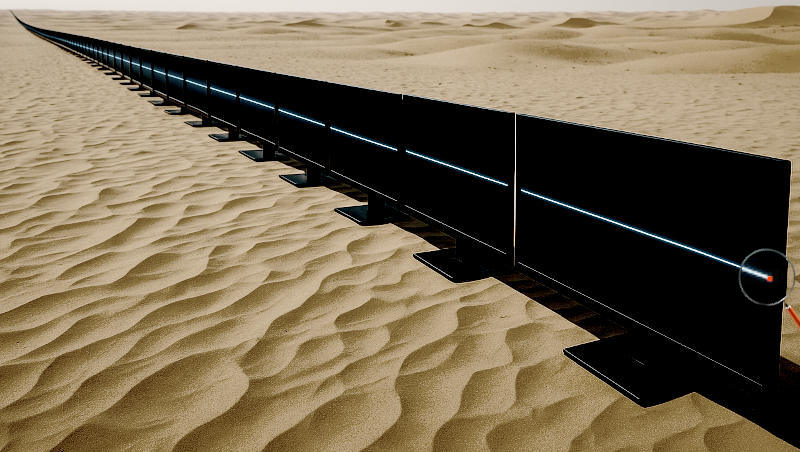 A line of LCD monitors standing side by side in a desert, the line stretches off into the distance beyond the horizon. A white line cross all the screens continuously, the last monitor has a magnifying glass over it so it can be seen that the line ends with one tiny orange pixel
