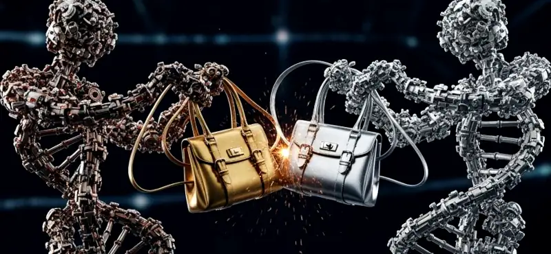 Two mechanistic, metallic, gene helix androids striking handbags together in a clash