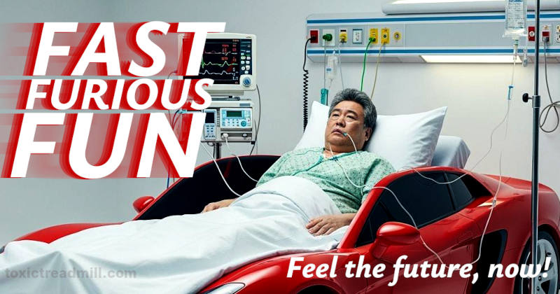 A man lies in ill in a hospital bed shaped like a fast red sports car