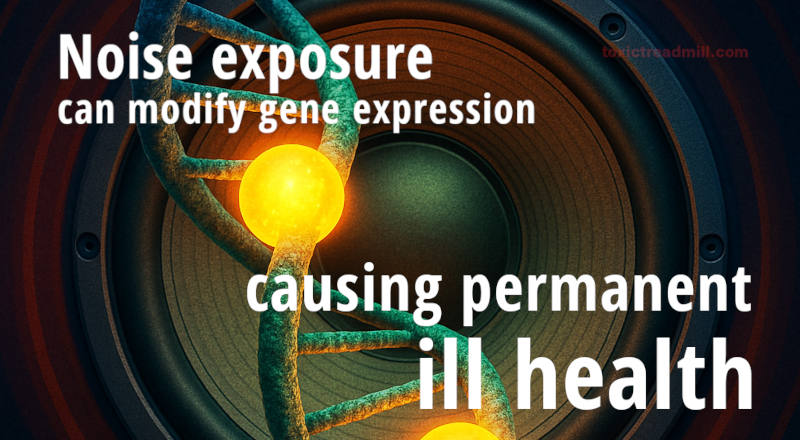 A loudspeaker with a DNA helix overlain with two yellow glowing balls, signifying altered gene expression, and the words-Noise exposure can modify gene expression causing permanent ill health