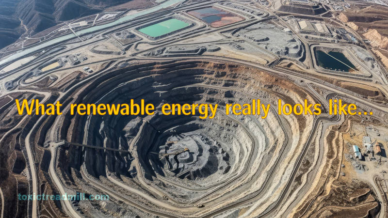 A large open mine with a deep pit, pools of toxic waste, and industrial units. Words read, What renewable energy really looks like