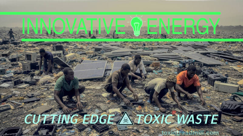A large, open electrical components dump. Civilians without protective clothing are sifting through with their bare hands. Words read, Innovative Energy Cutting Edge Toxic Waste