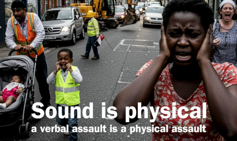 A woman on a busy street holding her hands over her ears. Words say-sound is physical, a verbal assault is a physical assault
