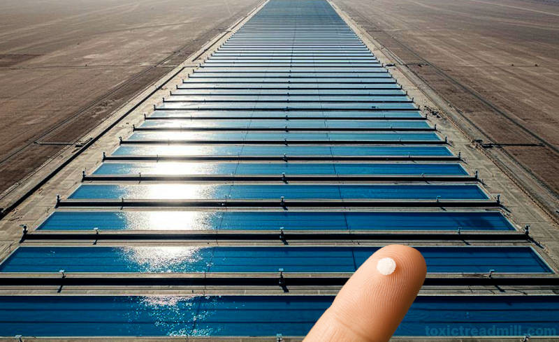 A finger tip with a few granules of sugar held out before rows of large swimming pools