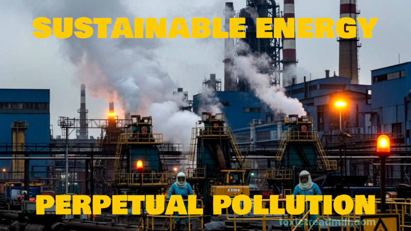 A large industrial facility with metal gantries and smoking chimneys, two people in protective suits. Words say, Sustainable Energy Perpetual Pollution