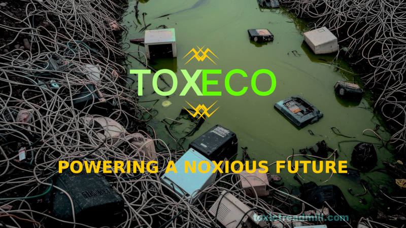 A ditch with a pool of contaminated water and lots of electrical wire, and discarded appliances. Words say, TOXECO powering a noxious future