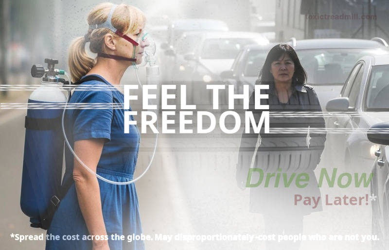 A woman wearing an oxygen mask standing by the side of a very busy road with plumes of toxic smoke wafting toward her